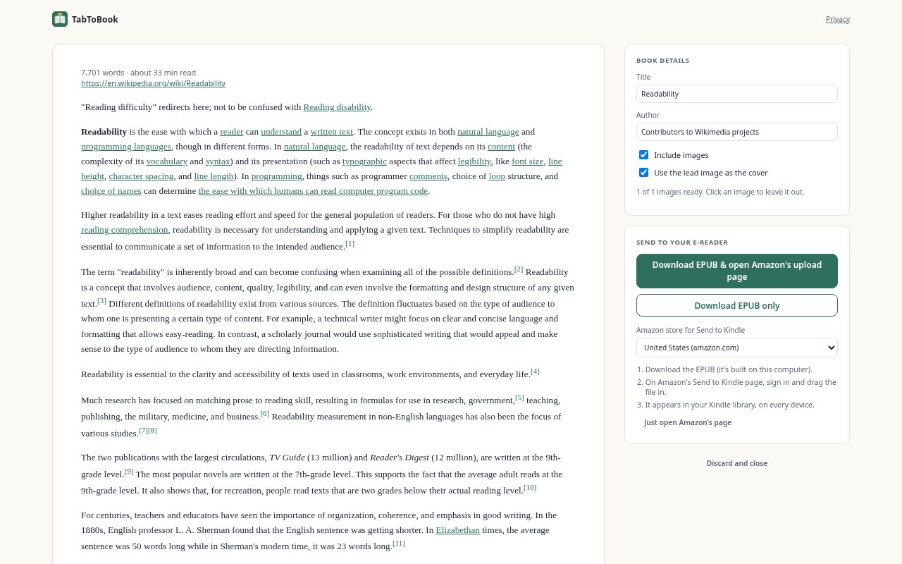 TabToBook preview page showing an extracted article, a title and author editor, and download buttons